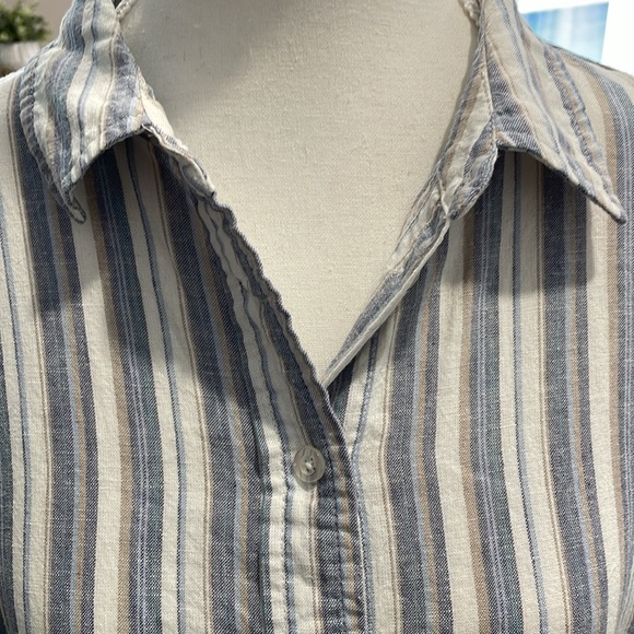 Ellen Tracey Linen Blend Striped Button-Up Women's Top Cream Tan Blue Small - Picture 5 of 9